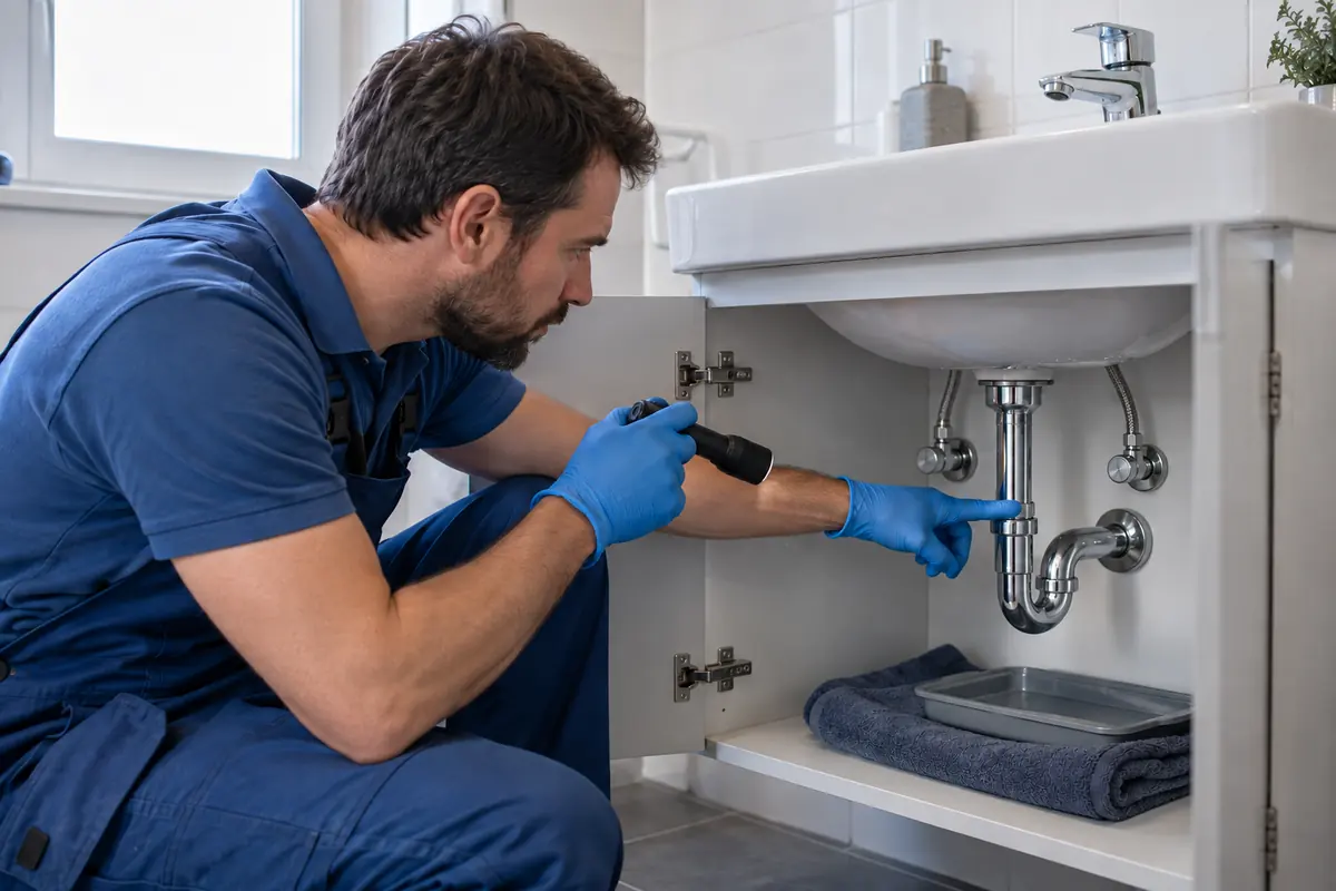 Escena ilustrativa de revisión de una conexión de agua bajo un lavabo.